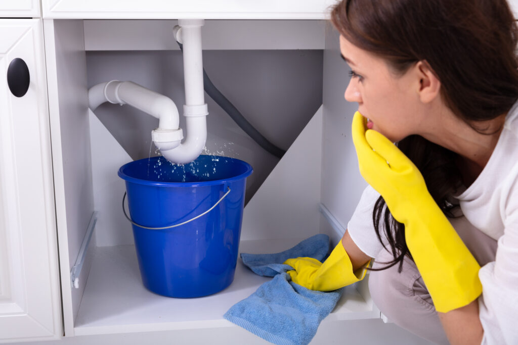 Common Emergency Plumbing Issues: A woman placing a blue bucket under water leaking from a sink pipe.