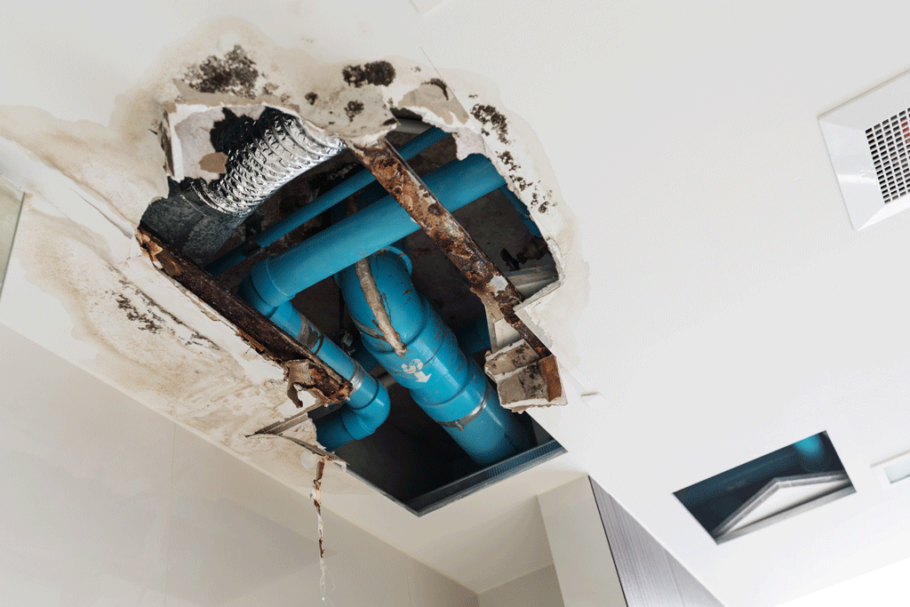 whole in ceiling with pipes showing | drain cleaning katy tx sugarland tx 