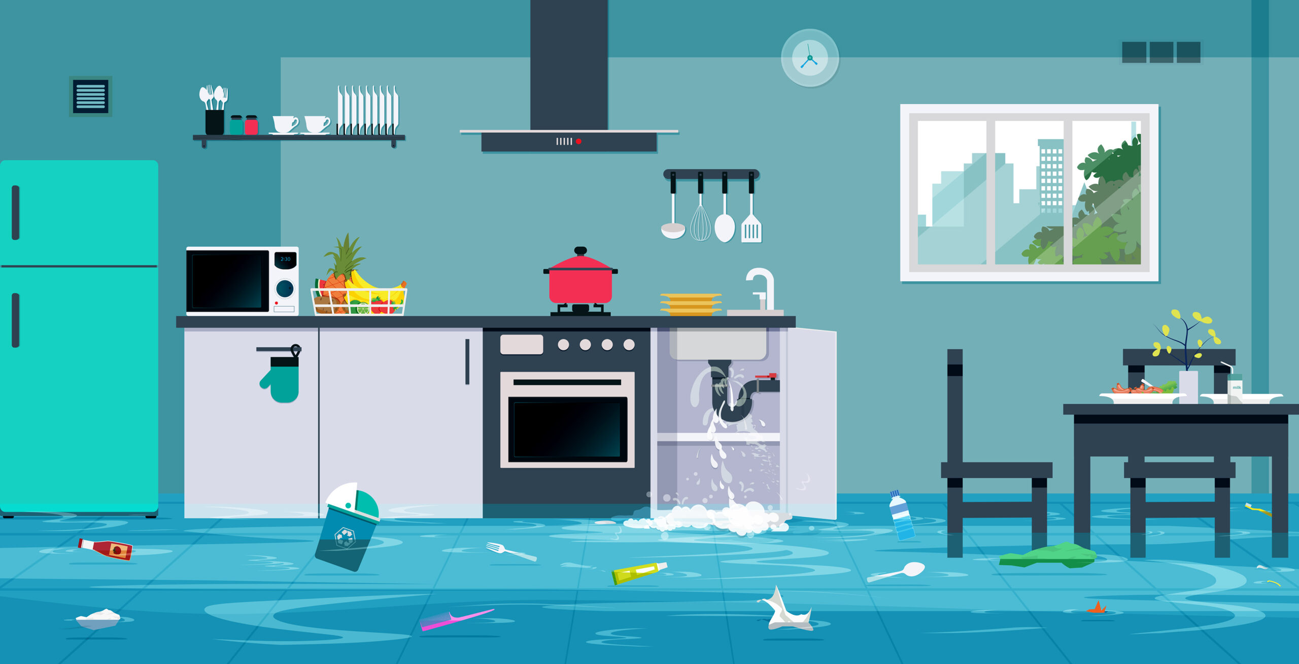 Flood in the kitchen caused by leaking water pipes.