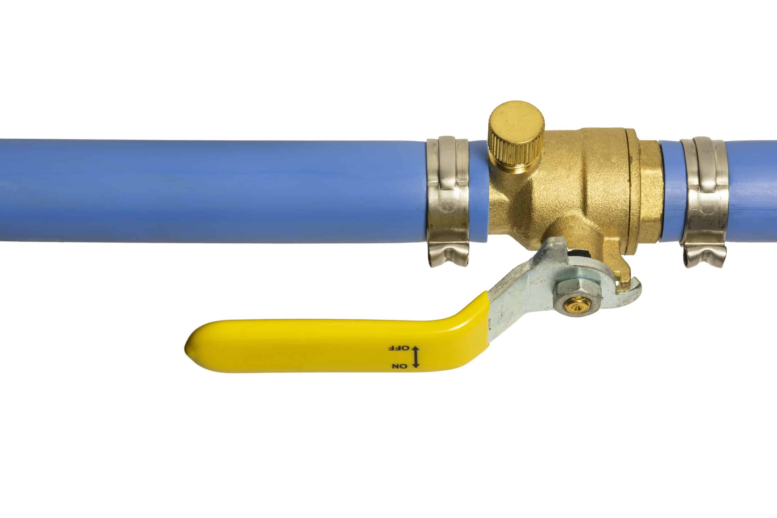 A shut-off valve on a blue (cold water) PEX pipe during repiping.