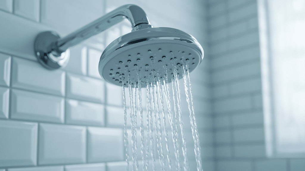 Water-saving showerheads white tiles.